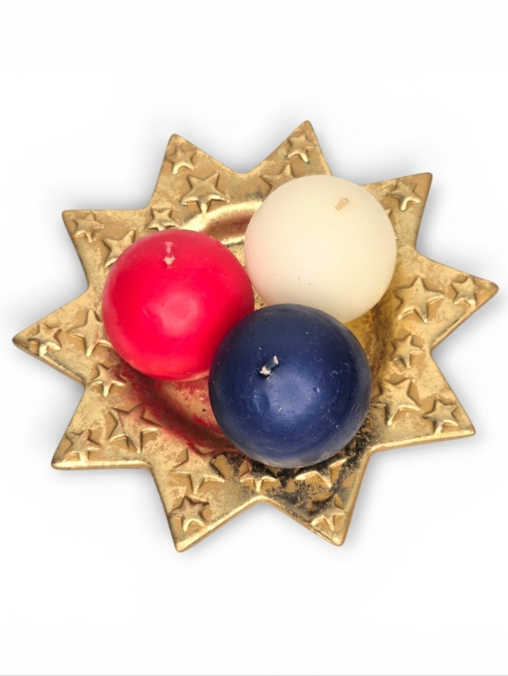 Gold Star Trinket Dish with Red White Blue Sphere Round Ball Candles Patriotic